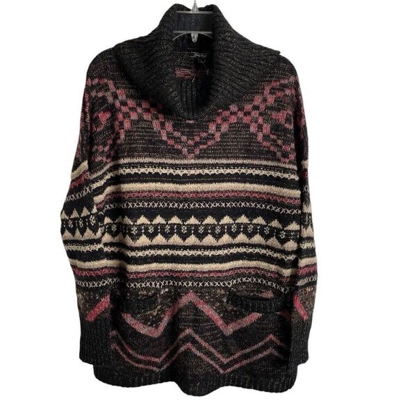 Lucky Brand Womens Cowlneck Sweater L Tunic Wool Blend Fairisle Boho Oversized - Picture 1 of 10